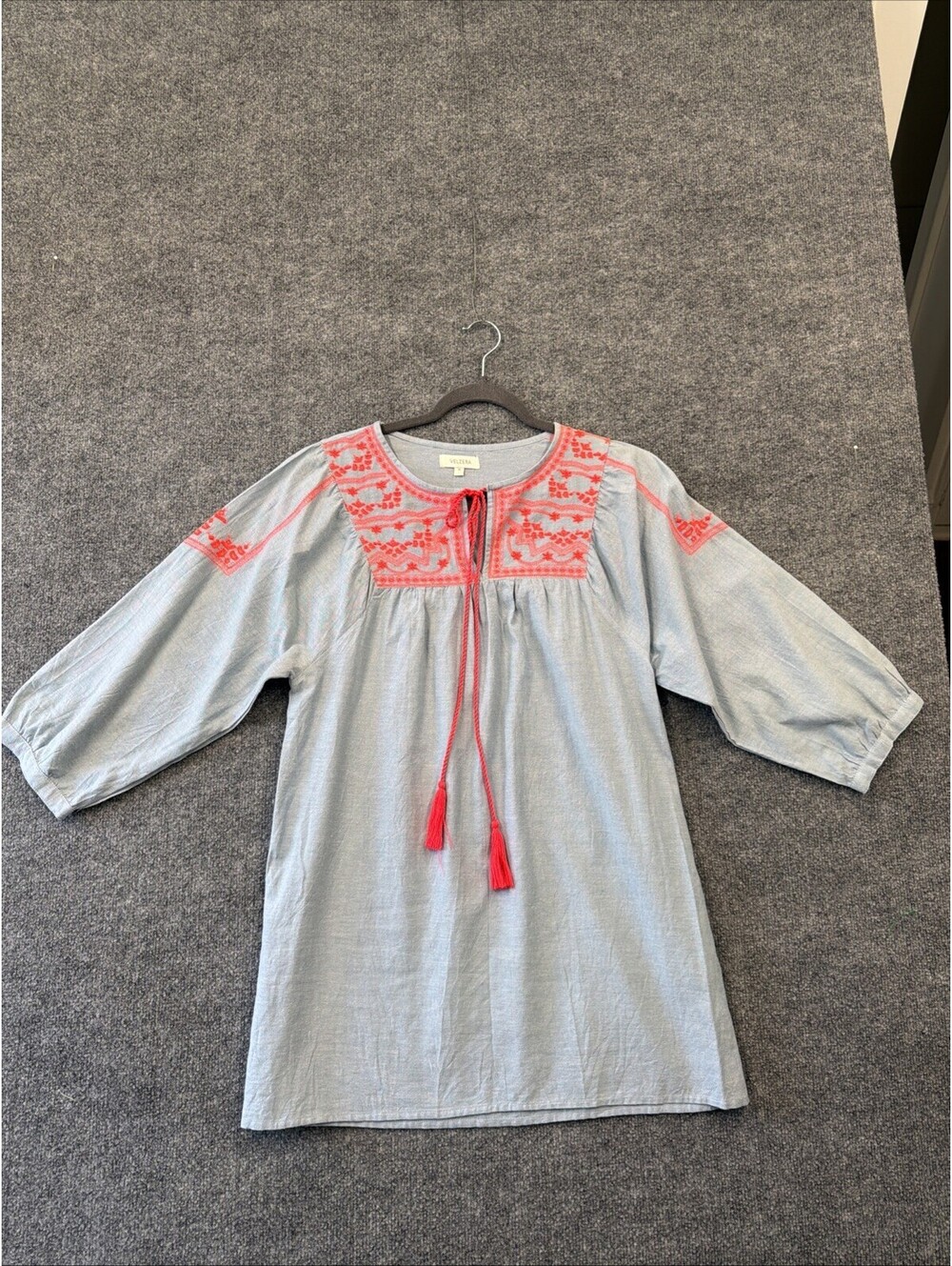Velzera Womens M Blue Cotton Chambray Embroidered Boho Tunic Neon Pink Tassels